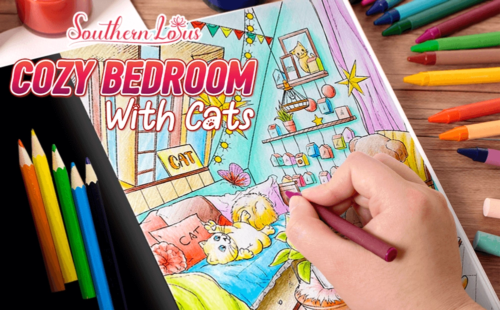 Cozy Bedroom With Cats Coloring Book - content plus - 0