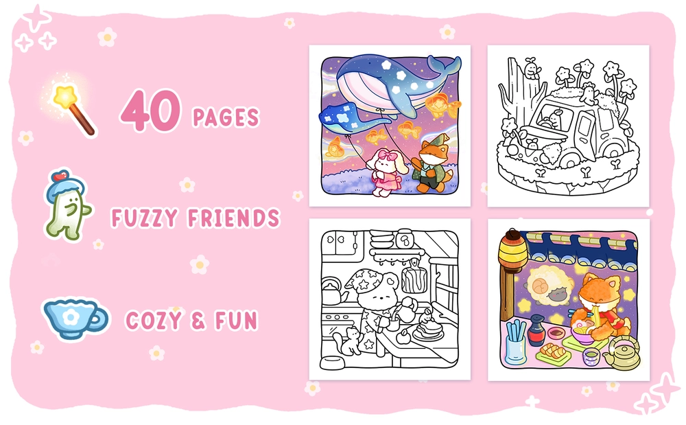 Fuzzy Fantasy coloring book clean line art easy to color pages