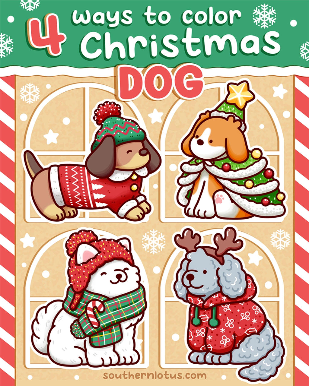 How to Draw Christmas Dogs in Cute Kawaii Style for Cozy Coloring Books